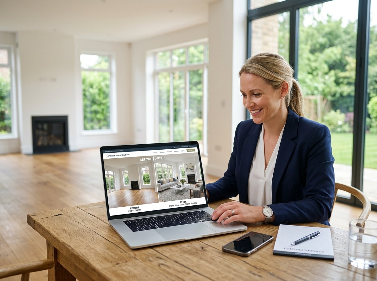 A real-estate agent's laptop showing an empty living room transforming into a fully staged space using AI virtual staging, modern home, bright daylight, professional