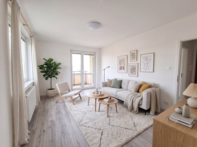 After, attempt 1: the same room staged with a light grey sofa, a boucle lounge chair, two round oak coffee tables, a Berber-style rug, a fiddle leaf fig, framed prints and linen curtains; the round ceiling light is unchanged