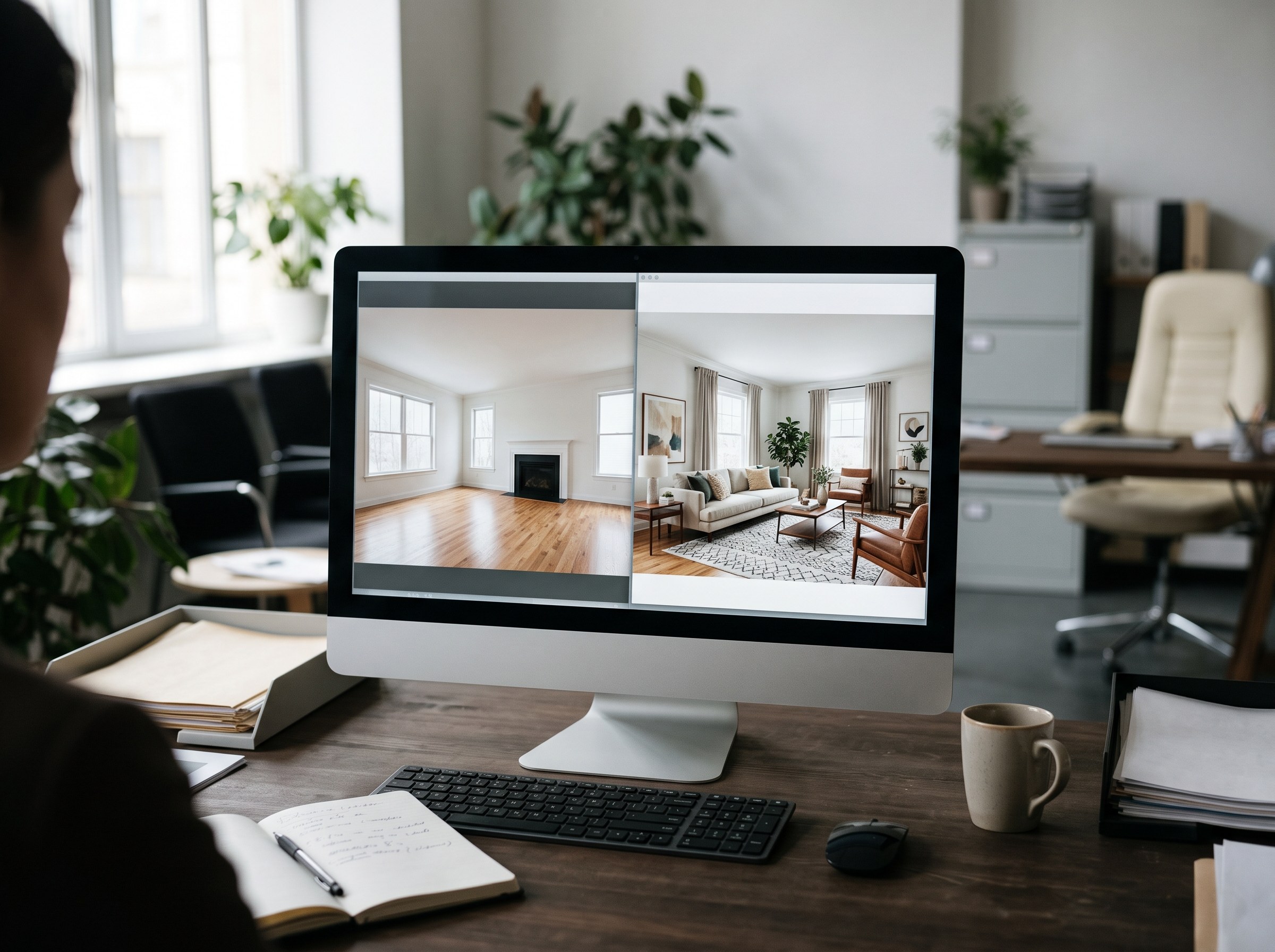 Illustration of a desk monitor in a real estate office showing an empty living room photo next to a virtually staged version of the same room