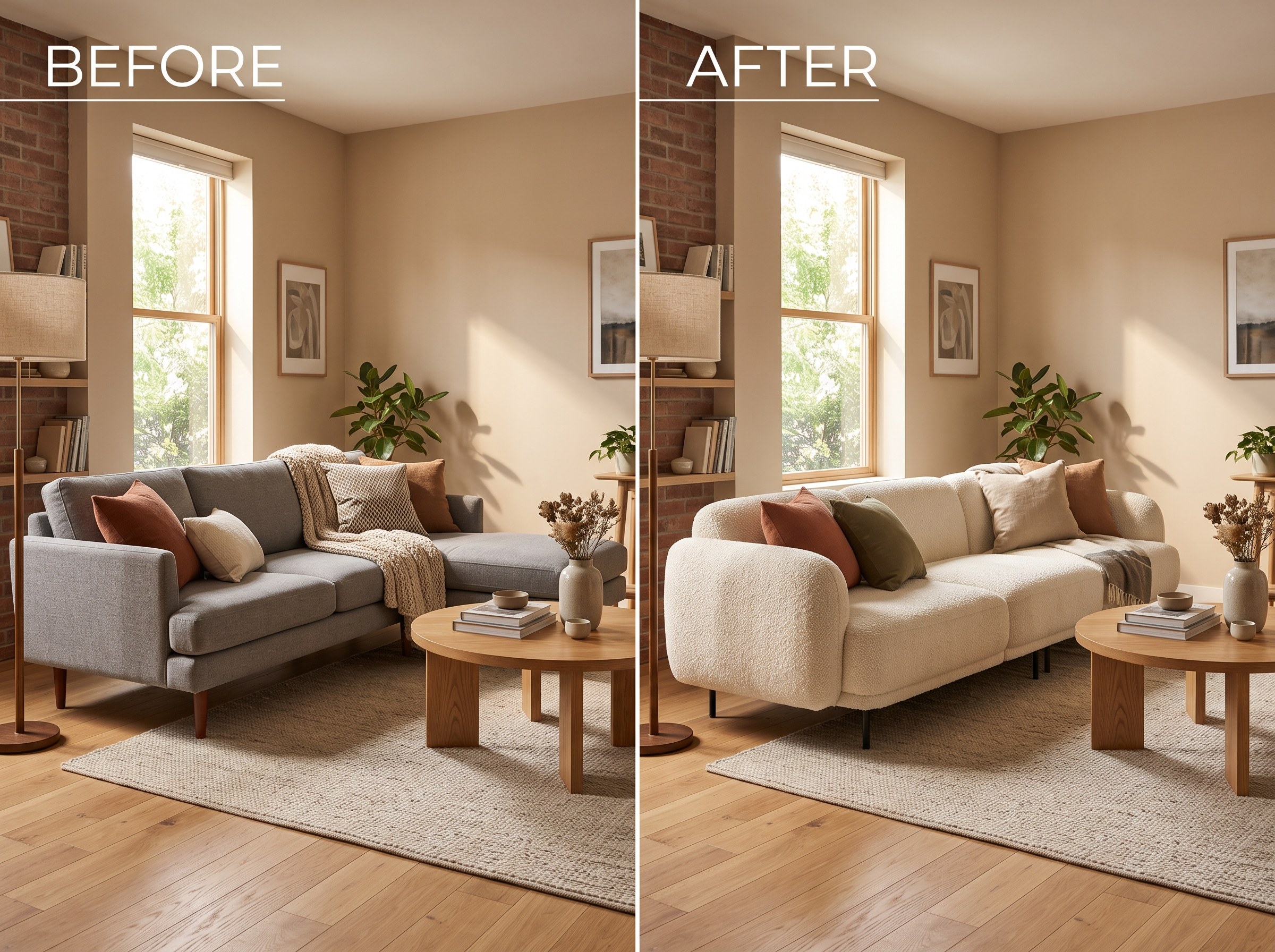 Uma sala de estar antes e depois de uma troca de móveis com IA: o sofá cinza vira um sofá bouclé creme e o resto do ambiente continua igual