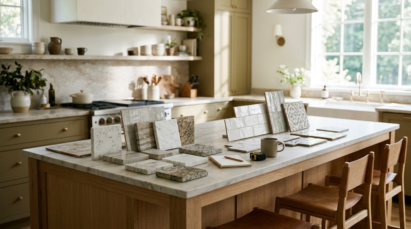 A bright kitchen with countertop and tile samples spread across an oak island, a tape measure and a notebook beside them