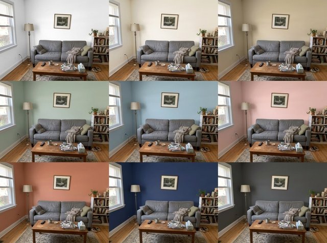 Après : le même salon répété dans une grille de trois sur trois, avec des murs peints en blanc, crème, beige, vert sauge, bleu poudré, rose poudré, terracotta, bleu marine et anthracite