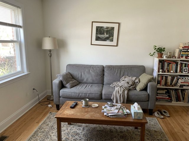 Avant : un salon habité aux murs blanc cassé, avec un canapé gris, une table basse en bois couverte de magazines, un lampadaire et une bibliothèque