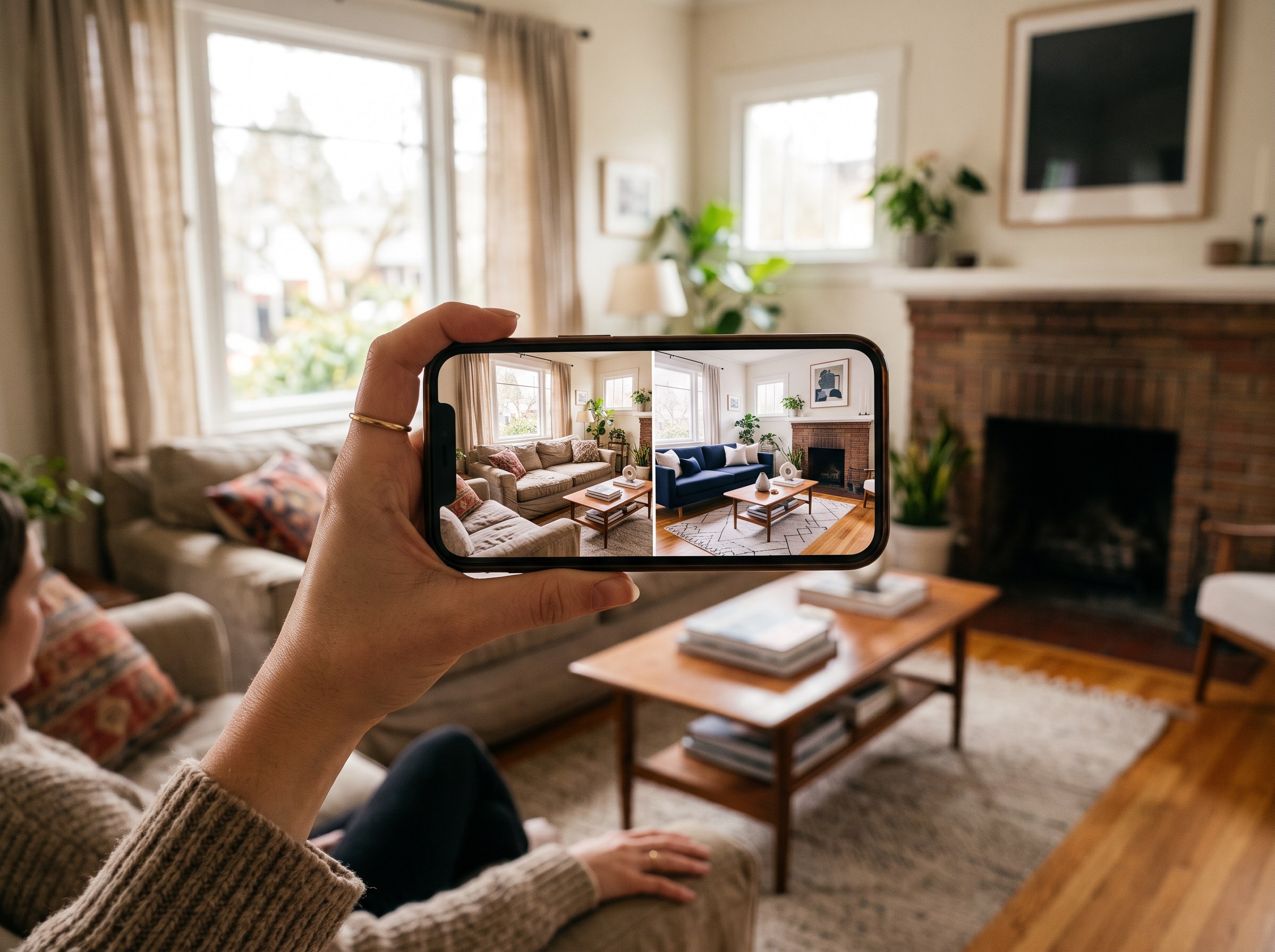 A phone held up in a living room showing the same room redesigned in a new style on screen