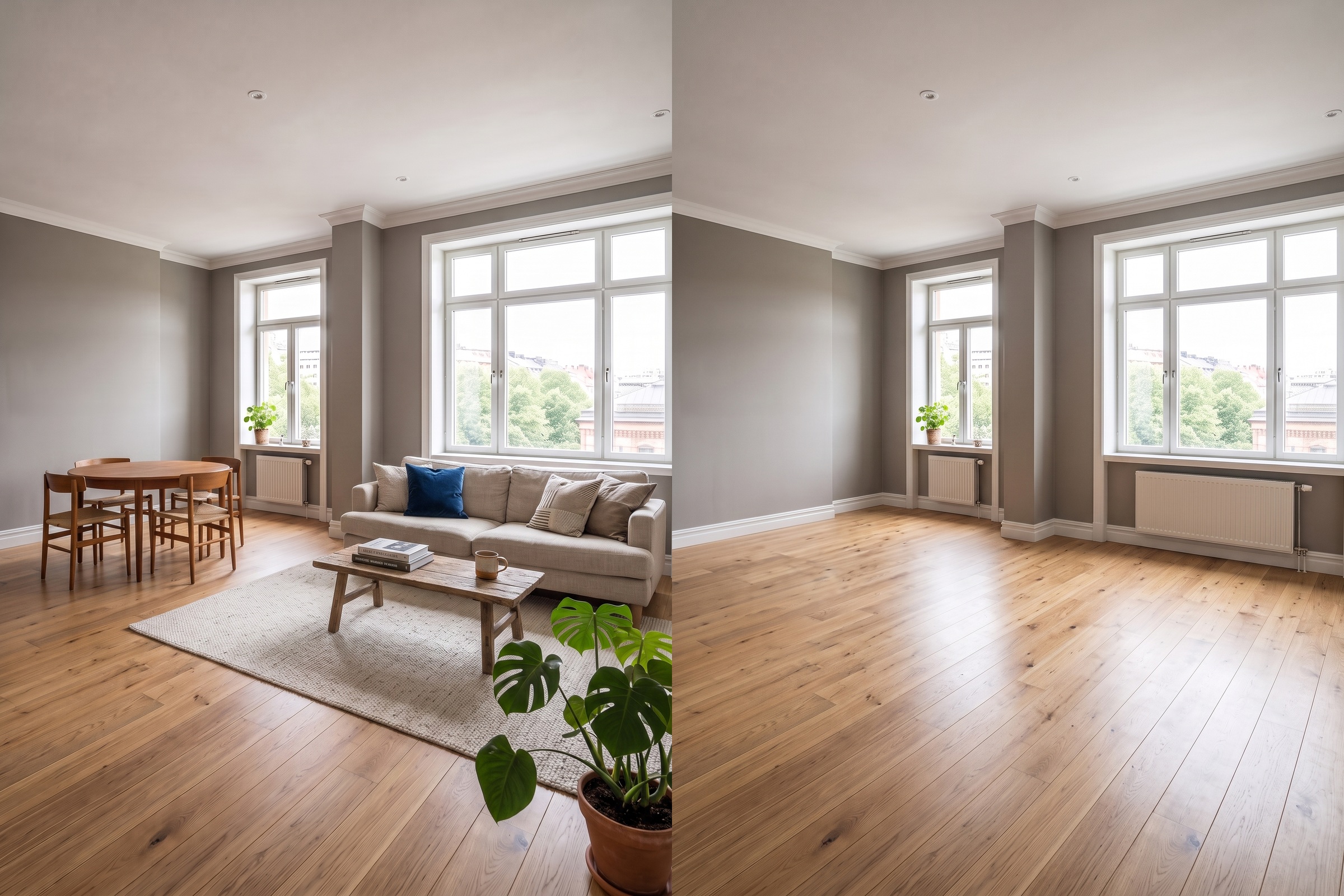 A furnished living room next to the same room with an AI furniture remover applied, empty with clean floors and walls