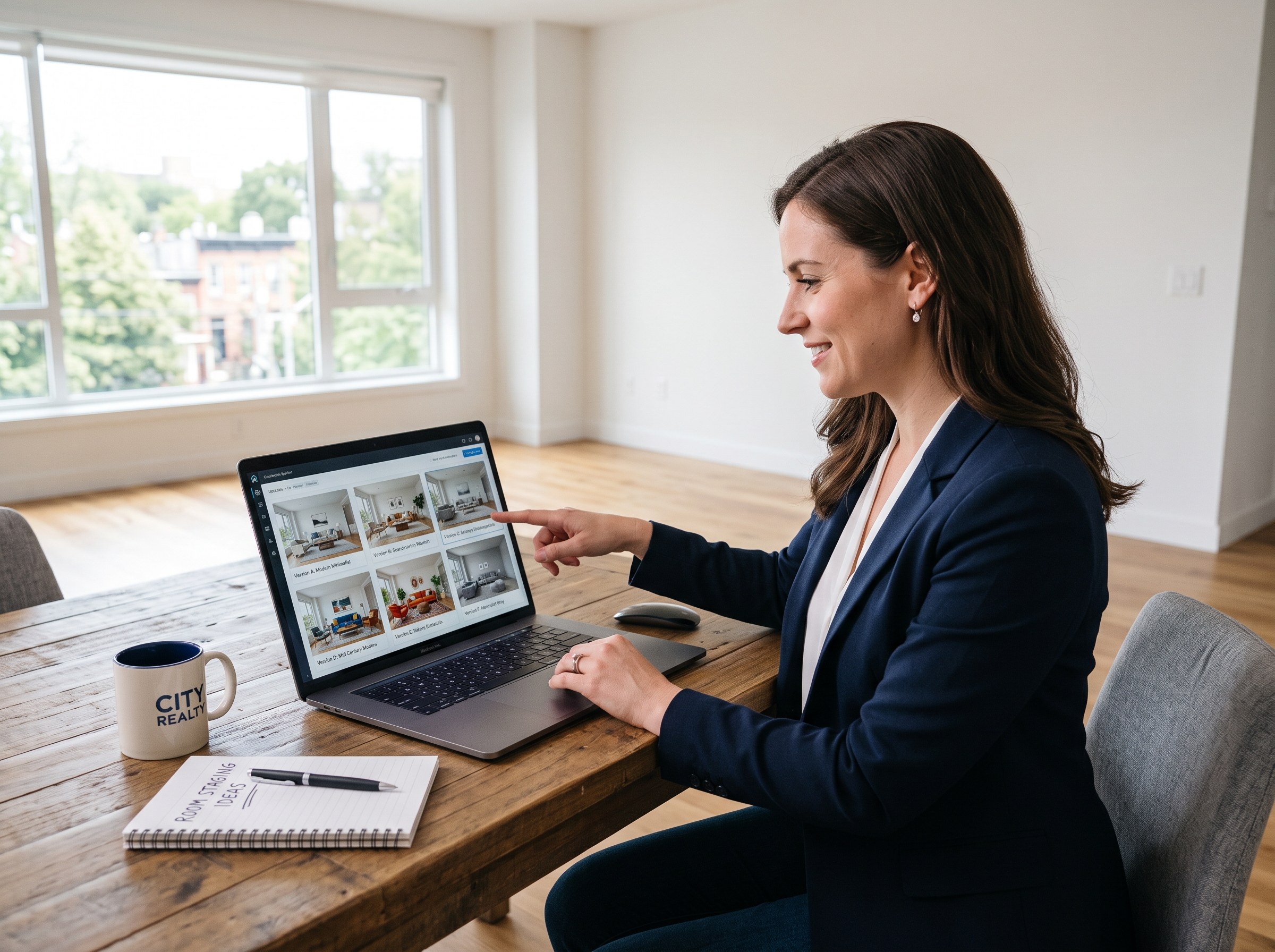 A real-estate agent comparing several AI-staged versions of the same empty living room on a laptop