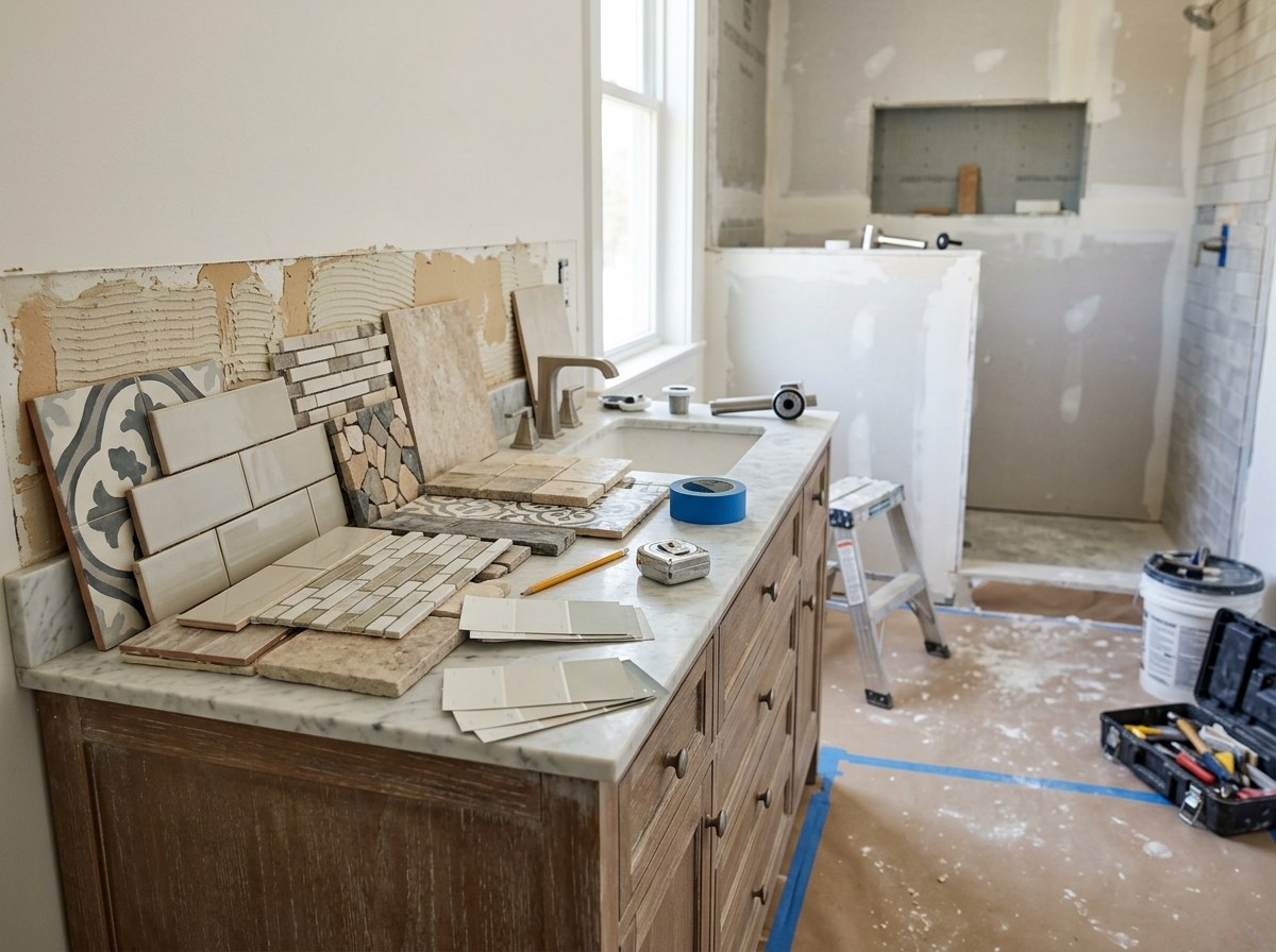 A bathroom in the middle of a remodel, with tile samples laid out on a marble vanity and an unfinished shower behind