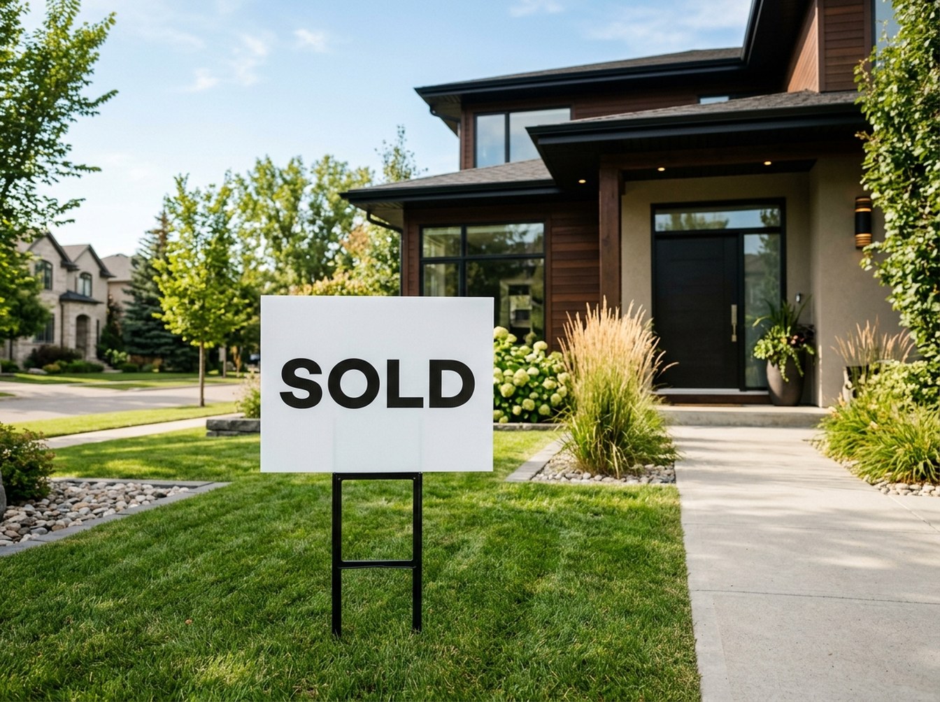 Illustration of a plain SOLD yard sign on the front lawn of a modern house on a sunny day