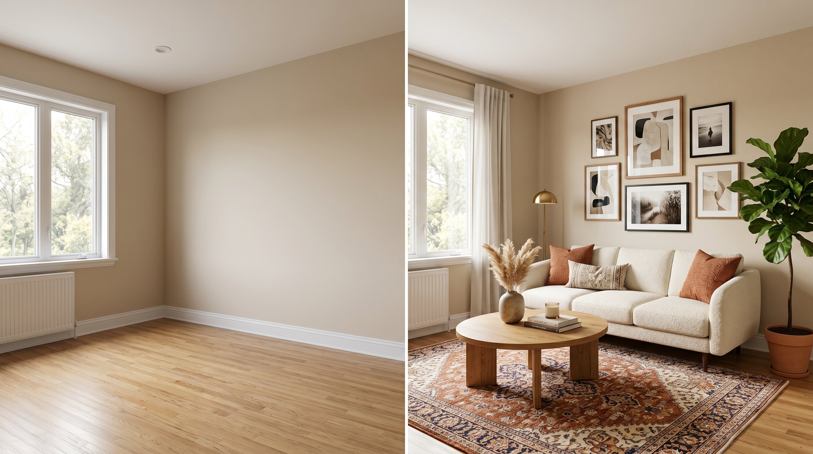 Before and after split of the same living room: an empty bare room on the left, and on the right the identical room redesigned with a cream bouclé sofa, terracotta pillows, a gallery wall, a fiddle-leaf plant and a patterned rug