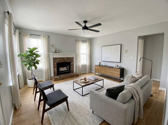 Attempt 2, rejected: the living room staged with a gray sofa, two dark chairs and a wood console, but the beige carpet has become light hardwood flooring and the brass ceiling fan is now black