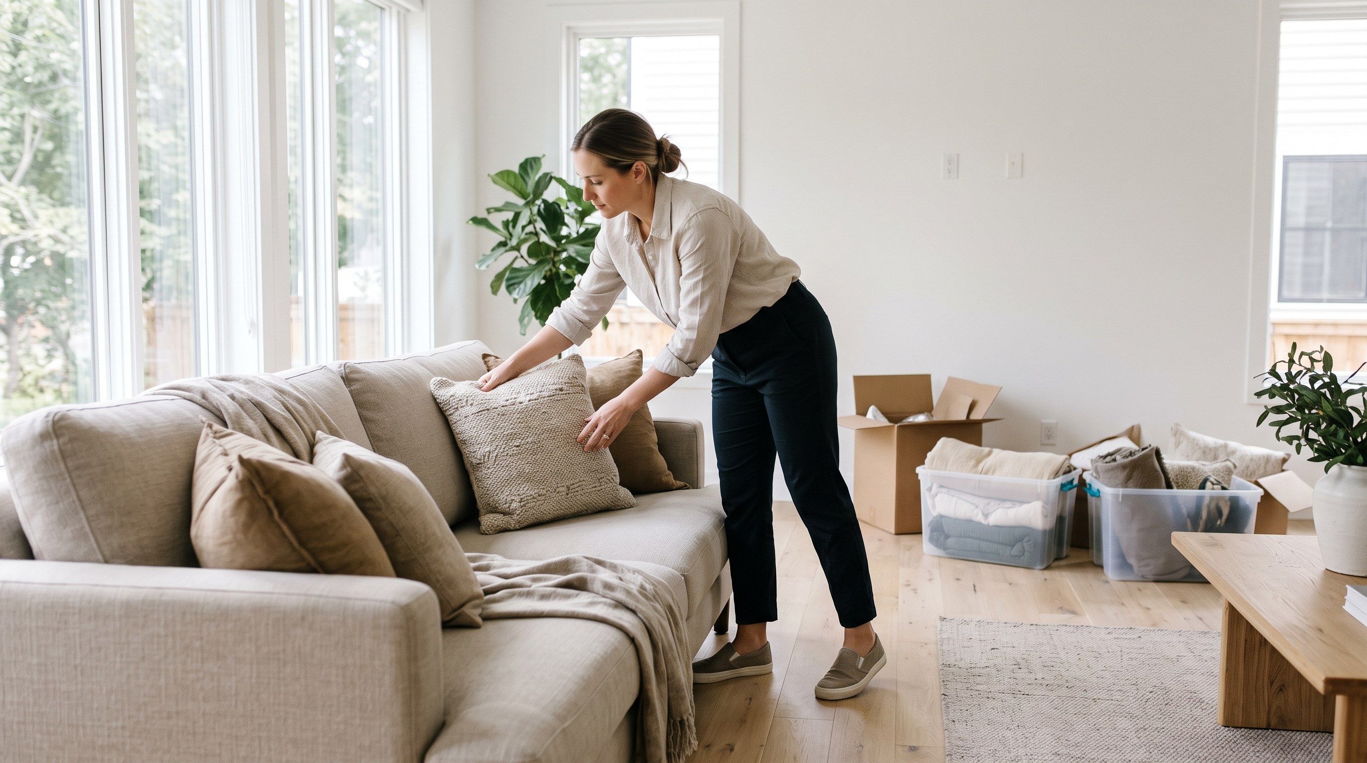 A home stager arranging cushions on a rented sofa in a bright, nearly empty living room, with moving boxes and storage bins of linens on the floor