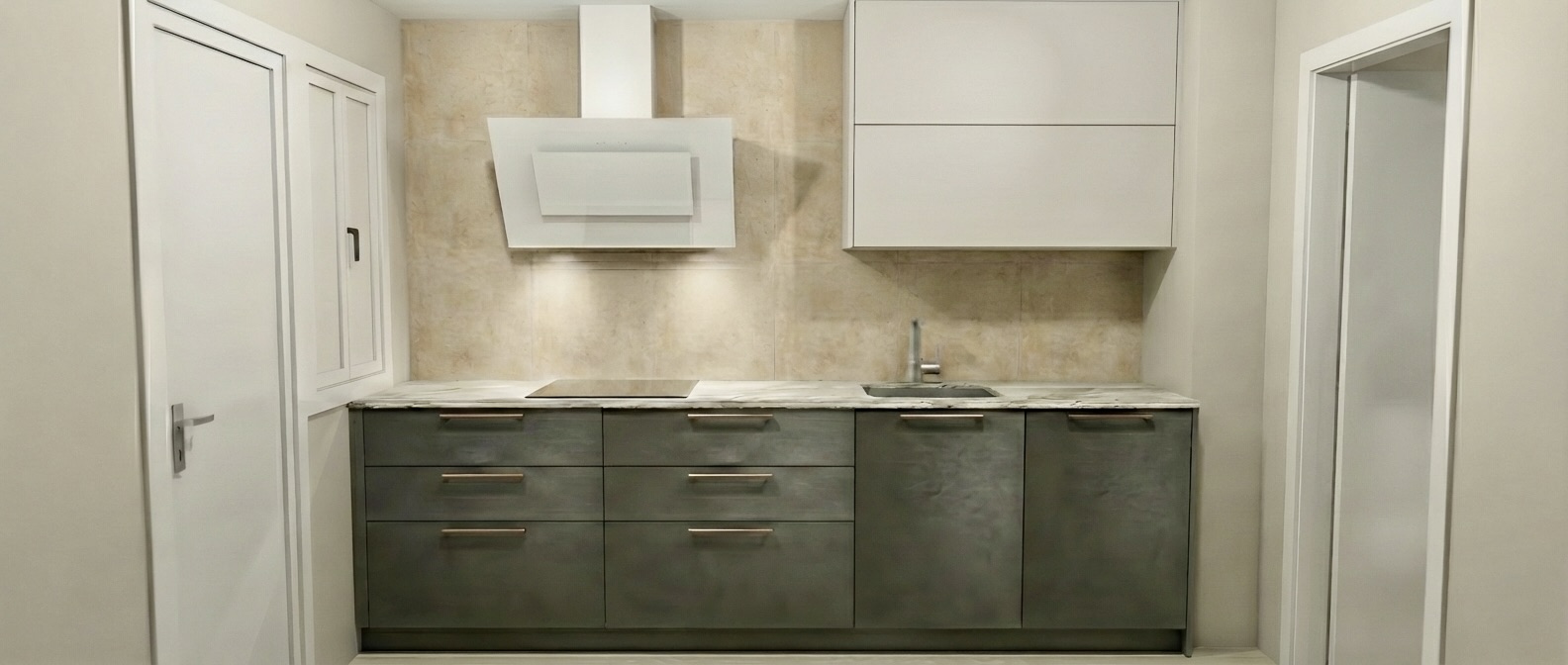 Resultat RoomLab.app paret esquerra: taulell Silestone marbre, rajoles sorra substituint maó, mobles verd fosc