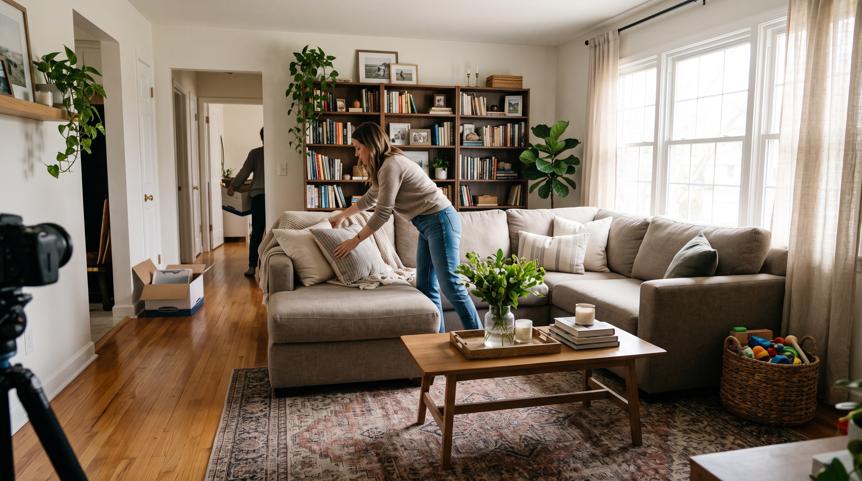 A homeowner arranging cushions on a sectional sofa in a lived-in family living room while boxes are packed in the hallway before listing photos