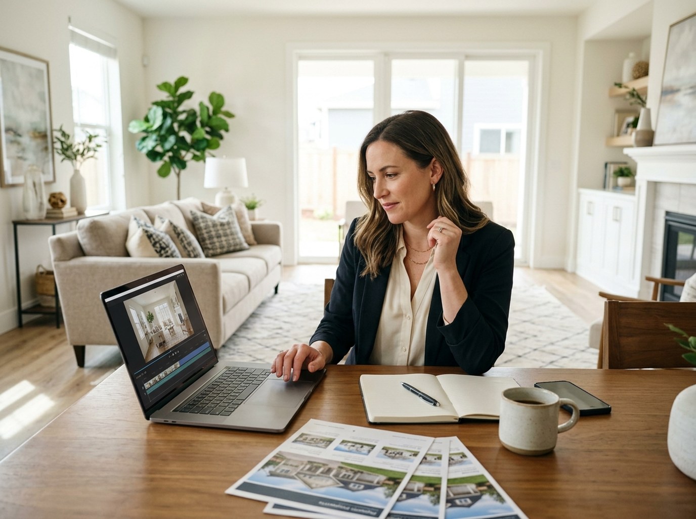 Illustration of a real estate agent reviewing a listing video on a laptop at a dining table in a bright staged living room