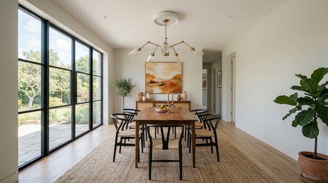 End frame: the same room staged as a dining area with a walnut table, black wishbone chairs, a jute rug, a sideboard, plants and a brass chandelier