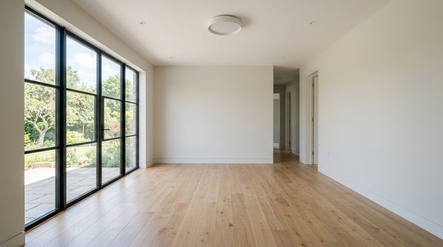 Start frame: an empty room with oak floors, white walls, black-framed glass doors to a garden and a flush ceiling light