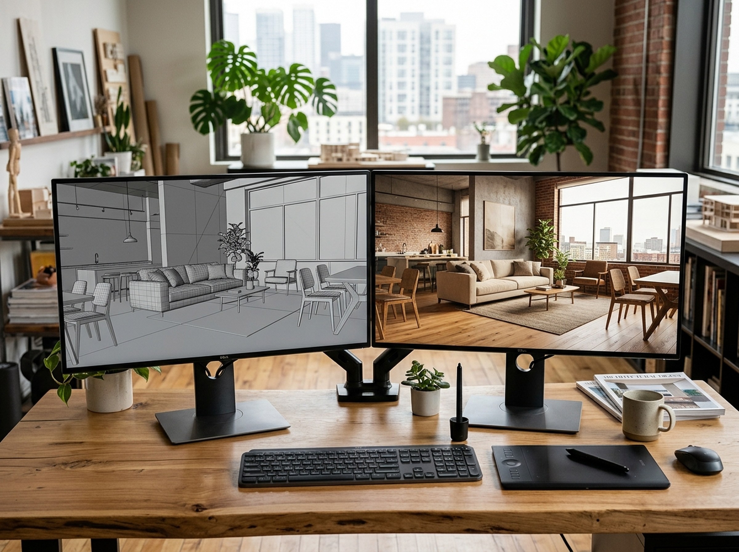 Illustration: two monitors on a designer's desk, one showing a gray untextured 3D model of a loft interior and the other the same scene as a photorealistic render