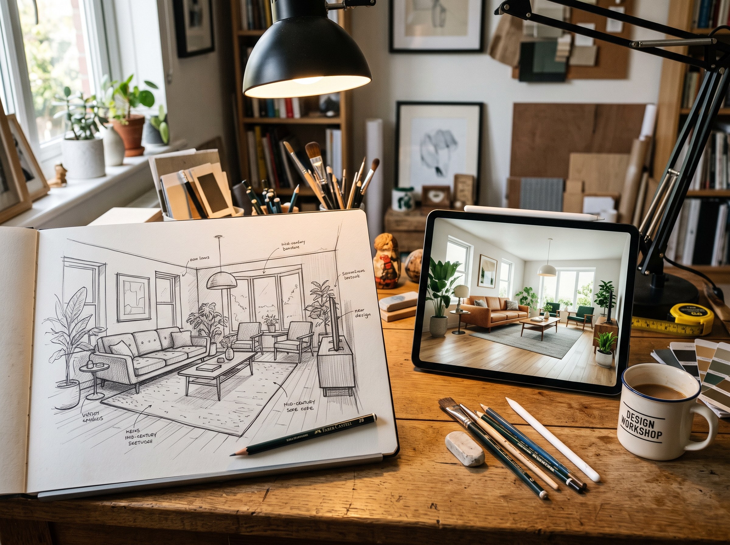 A pencil interior sketch on paper beside a tablet showing the same room as a photorealistic render, on a designer's desk