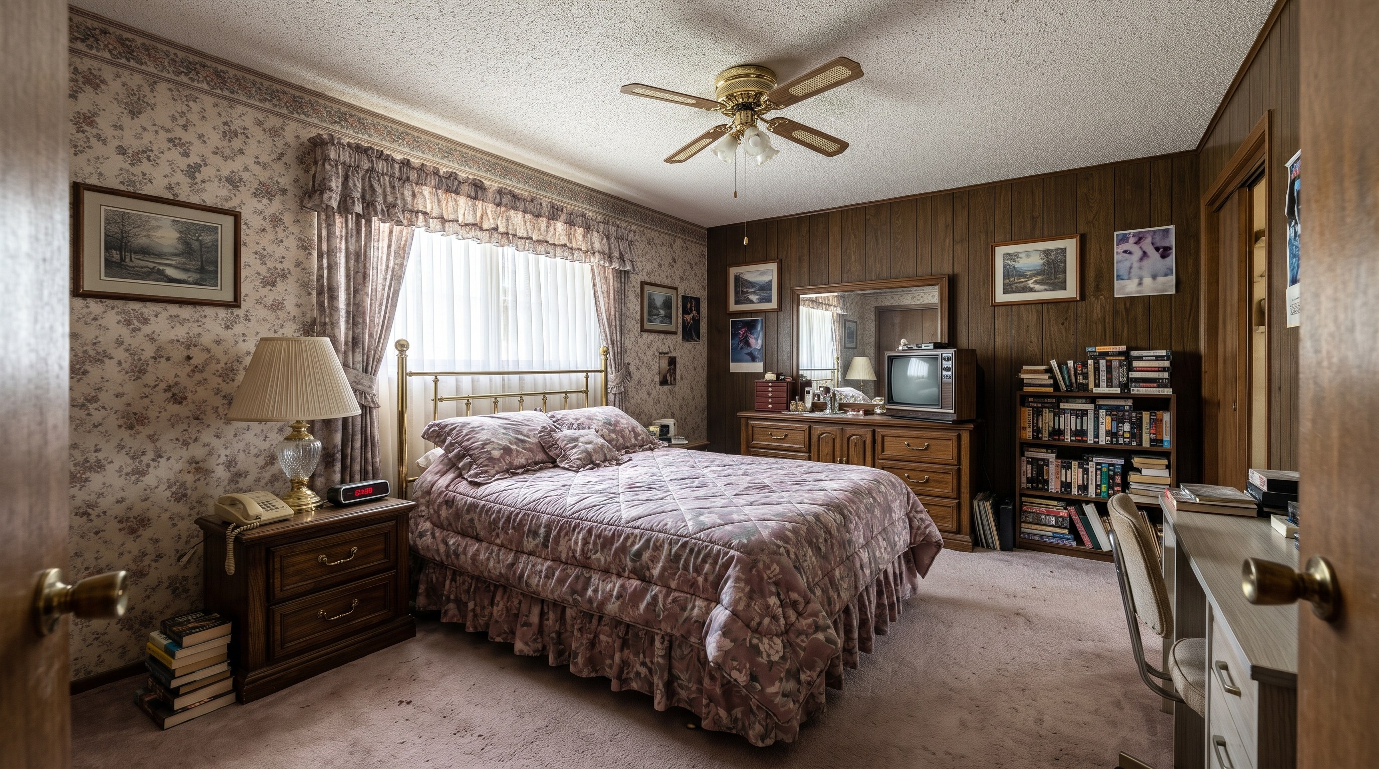 Illustration: a dated 1980s bedroom with floral wallpaper, wood paneling, a brass bed with a quilted floral spread, a ceiling fan and an old TV on a dresser, photographed for a listing
