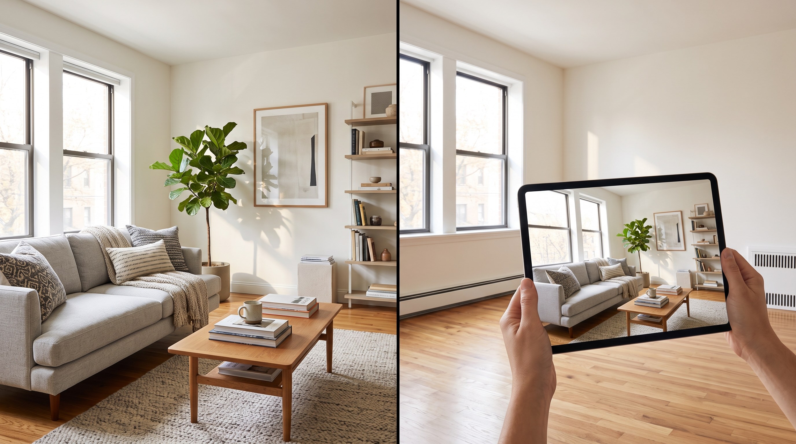 Split image comparing an empty room physically staged with real furniture on one side and the same room virtually staged on a screen on the other side