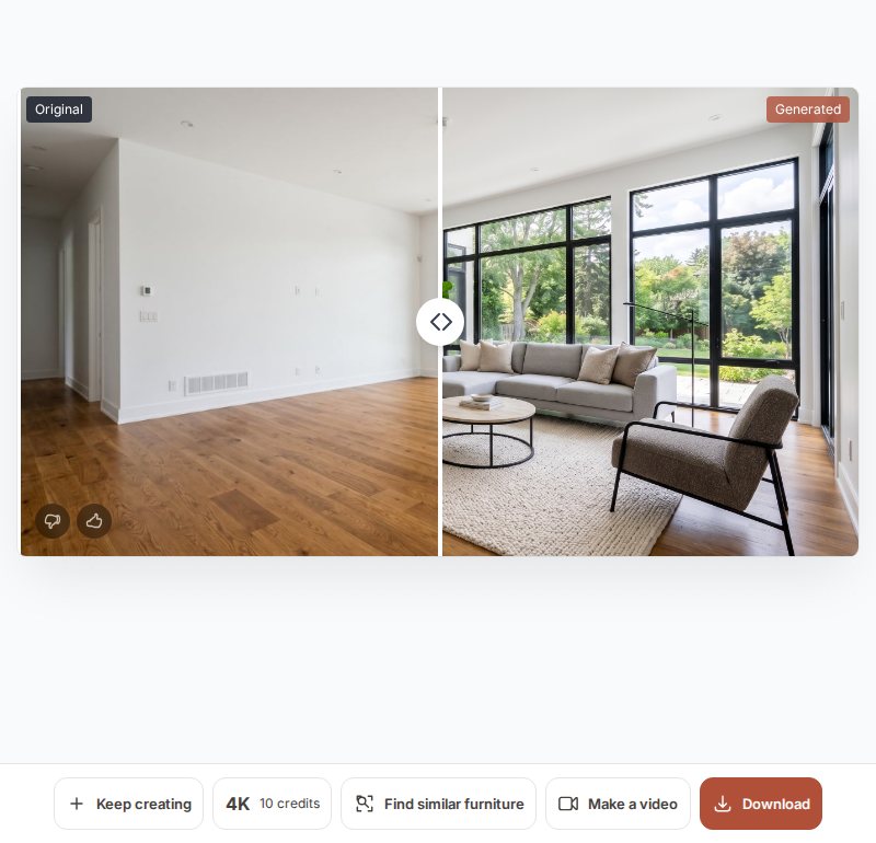Risultato di Home staging virtuale con il pulsante Trova mobili simili accanto a 4K
