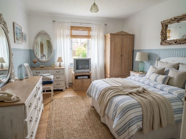 After, Coastal: the same bedroom with white walls over blue wainscoting, light wood flooring, sheer white curtains, whitewashed furniture in the same places, a striped bedspread and a jute rug; the CRT television and corded phone remain