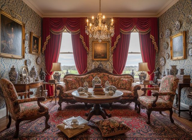 Before: a formal traditional living room with blue damask wallpaper, two tall windows with red swagged drapes, a crystal chandelier, oil paintings, a carved sofa and armchairs and a red patterned rug