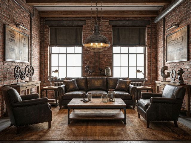 After, Industrial: exposed brick walls, ceiling beams and ductwork, gridded steel windows, a metal pendant lamp and leather sofa and armchairs in the same arrangement