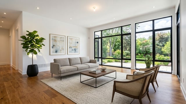 After: the same living room virtually staged with a grey sofa, wood coffee table, woven rug, two cane armchairs, a fiddle leaf fig and two framed prints