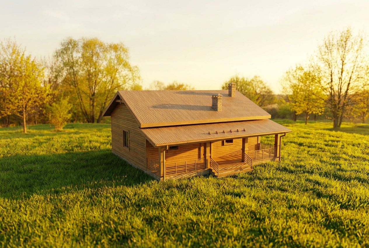 Una cabana de fusta sobre gespa verda durant l'hora daurada, amb el sol càlid projectant ombres llargues sobre l'herba.