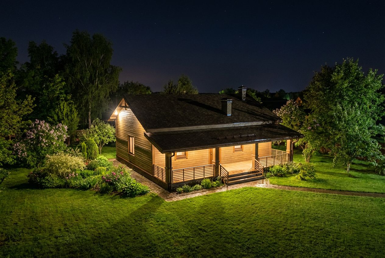 Escena nocturna d'un exuberant jardí primaveral amb una cabana de fusta brillant i arbres il·luminats.