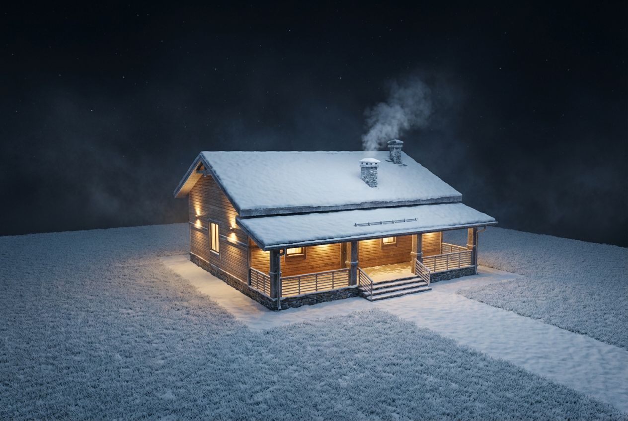 Winter night scene with a wooden cabin on a snowy field, glowing warmly against the cold dark landscape.
