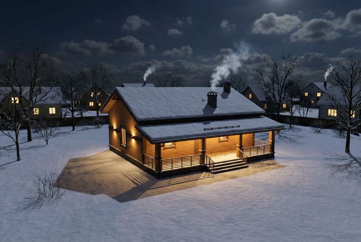 Renderizado 3D fotorrealista de una cabaña de troncos de noche en invierno, con luces interiores cálidas brillando por las ventanas, nieve cubriendo el tejado y el suelo, y humo saliendo de la chimenea.