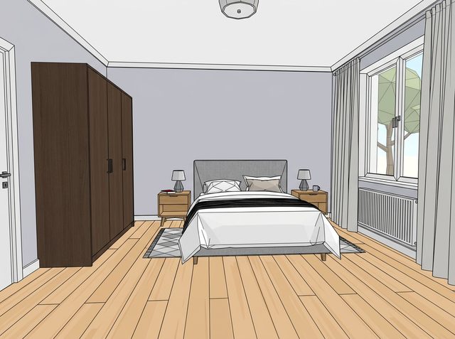 Input: flat-colored SketchUp-style bedroom model with black edge lines, a dark wardrobe, a double bed, two nightstands, a radiator and a window with a low-poly tree outside