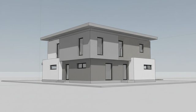 Input: gray SketchUp-style model of a two-story flat-roof house with vertical cladding on one side, on a plain ground plane with stray guide lines