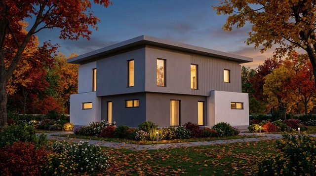 Output: the same house rendered at dusk with lit windows, red and orange autumn trees, flower beds and a gravel path through a lawn