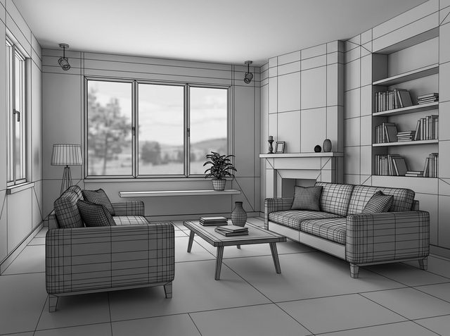 Input: untextured gray 3D model screenshot of a living room with two sofas, a coffee table, a fireplace, built-in shelves and a large window