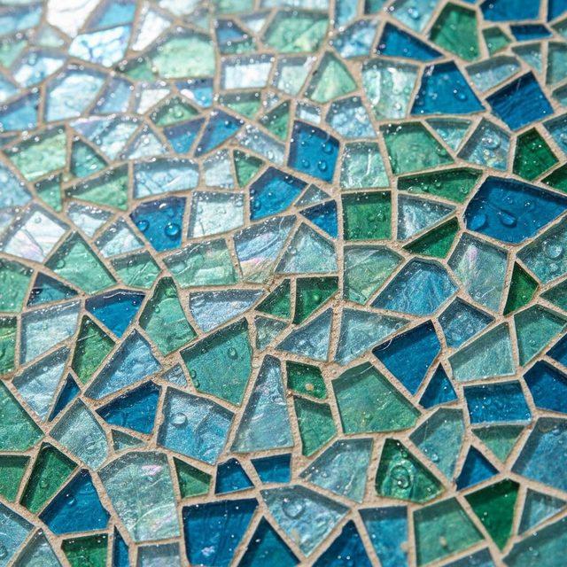Tile sample: irregular blue and green glass mosaic pieces with light grout lines