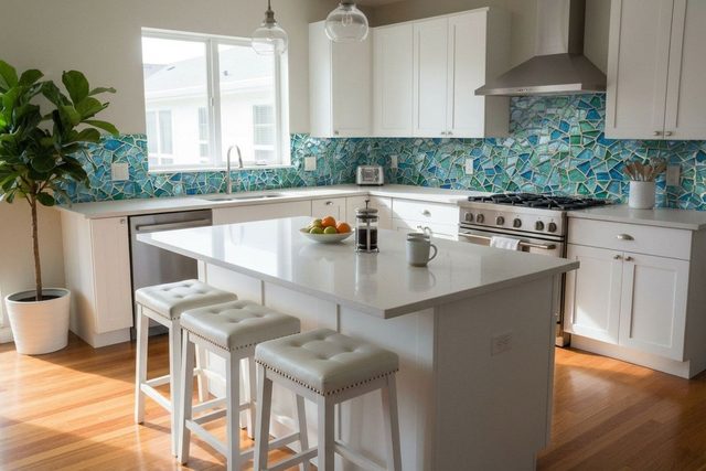 After: the same kitchen with a blue and green glass mosaic backsplash in place of the subway tile, with cabinets, island and stools unchanged