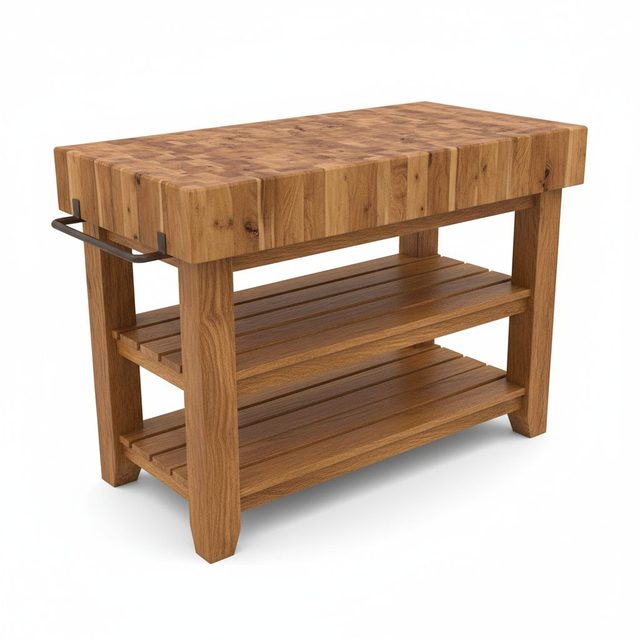 Reference photo: a butcher-block kitchen island cart on wooden legs with two slatted shelves and a metal towel bar