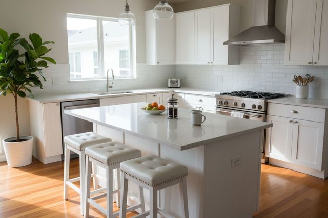 Before: a bright white kitchen with a white quartz island, three white upholstered stools, a gas range and wood floors