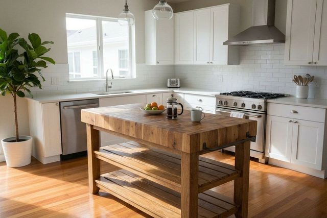 After: the same kitchen with the butcher-block island in place of the quartz island, the fruit bowl, coffee press and mug now on its top, and the stools gone