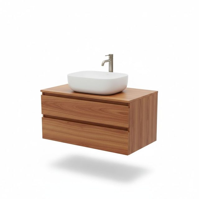 Reference photo: a floating walnut vanity with two drawers, a white vessel basin and a brushed metal faucet