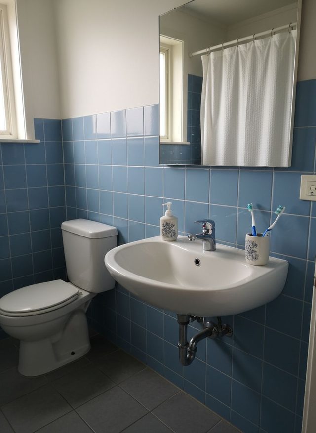 Before: small bathroom with blue square wall tiles, gray floor tiles, a white wall-hung sink with exposed chrome pipes, a mirror and a toilet