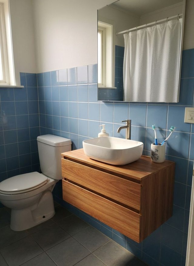 After: the same bathroom with the floating walnut vanity and vessel basin in place of the wall-hung sink, with the blue tiles, mirror and toilet unchanged