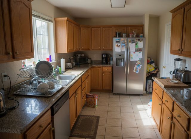Before: family kitchen with honey oak cabinets, granite countertops, a stainless steel refrigerator and small beige ceramic floor tiles