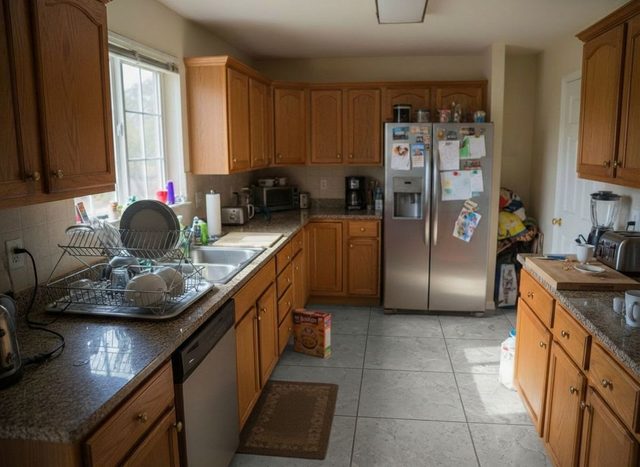 After: the same kitchen with large light gray stone-look floor tiles, with the cabinets, appliances, rug and cereal box unchanged