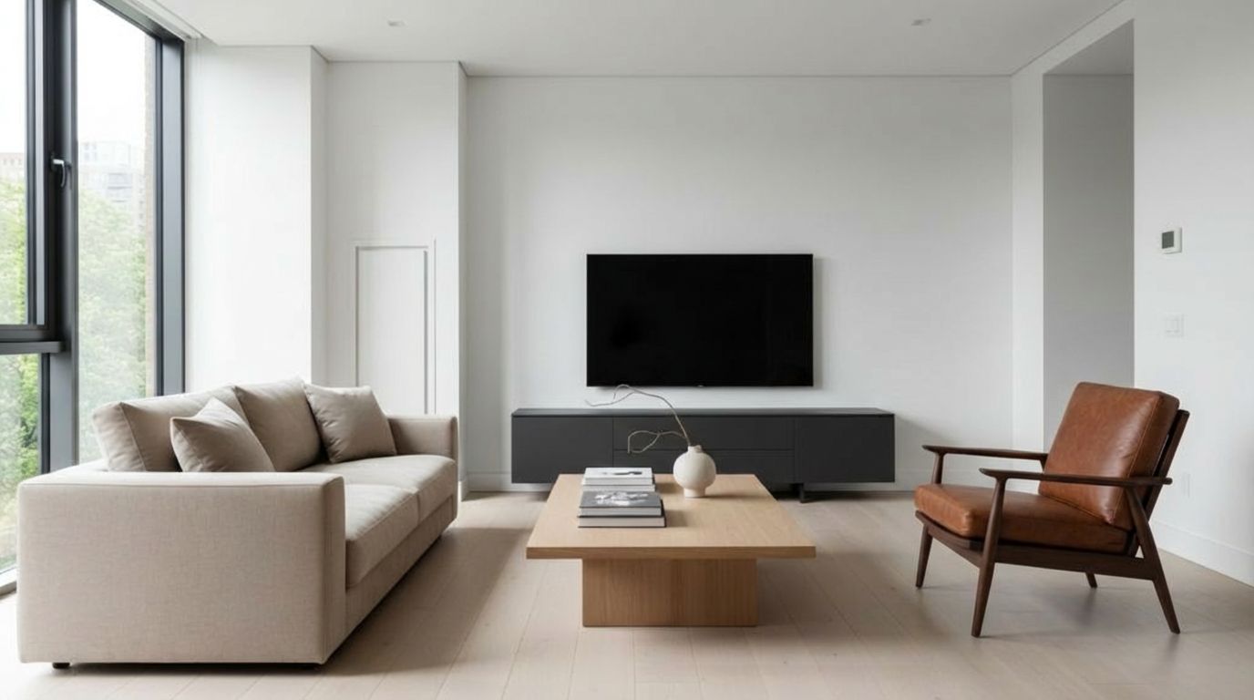 Modern living room with AI-replaced brown leather armchair