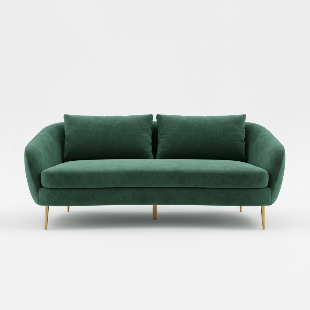 Emerald green velvet curved sofa with gold legs - modern furniture reference for interior design AI