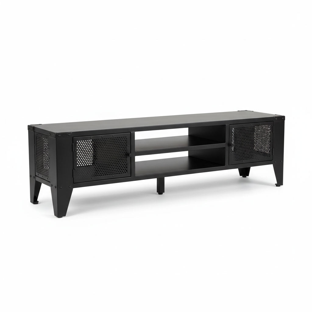 Black industrial TV console with mesh cabinet doors - media furniture reference for room makeover